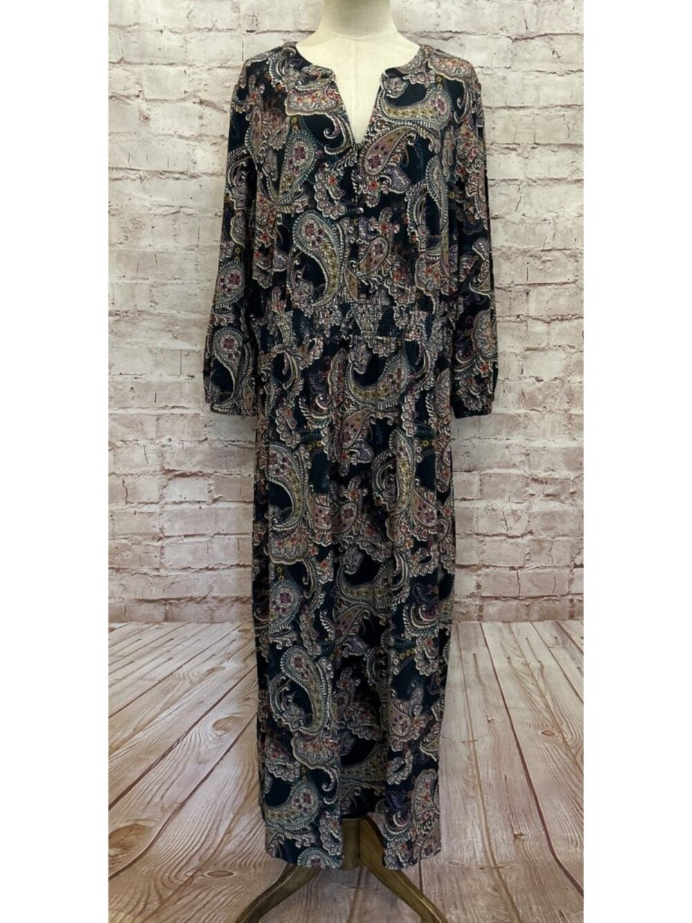 J. Jill Smocked-Waist Knit Midi Dress Navy Blue Radiant Paisley Size 2X NEW